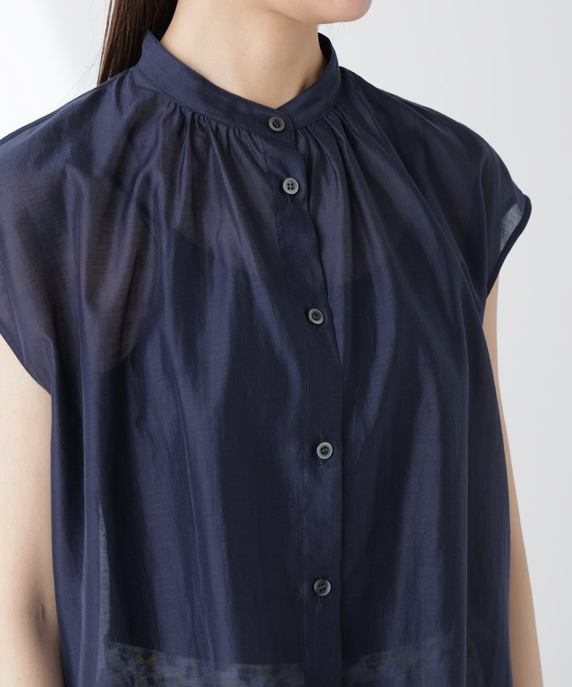 nano･universe「シアーサテンスタンドギャザーブラウス(セットアップ可)」|シャツ・ブラウス|