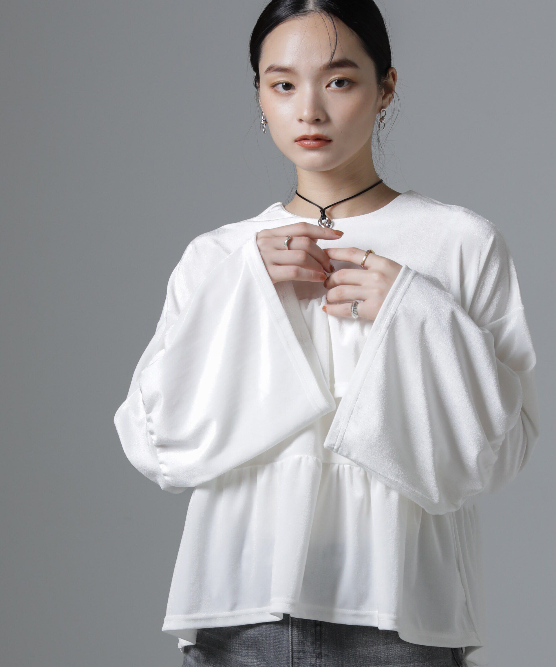 nano･universe「ベロアフリルカットブラウス」|Tシャツ・カットソー|ホワイト