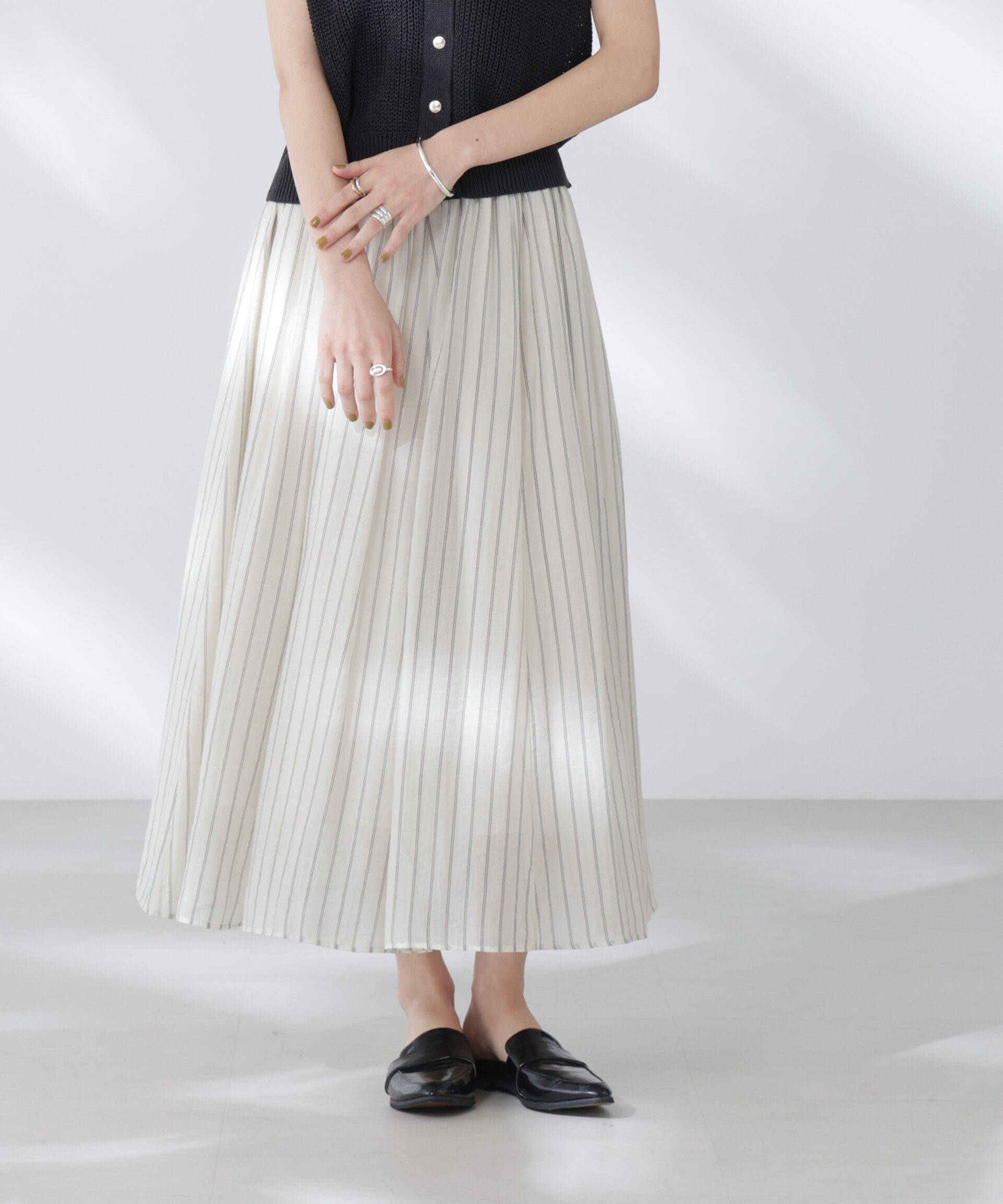 nano･universe「シアーストライプギャザーフレアスカート(セットアップ可)」|スカート|アイボリー7