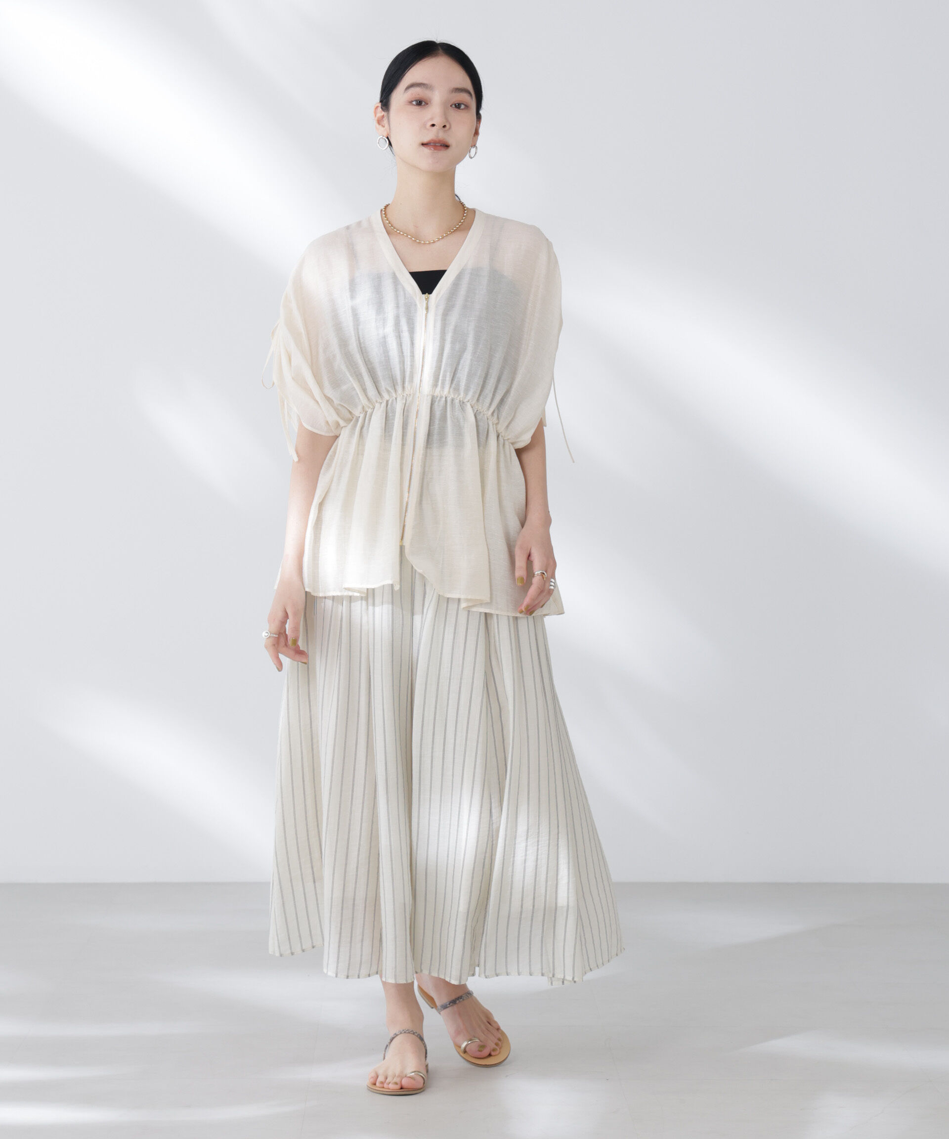 nano･universe「シアーストライプギャザーフレアスカート(セットアップ可)」|スカート|