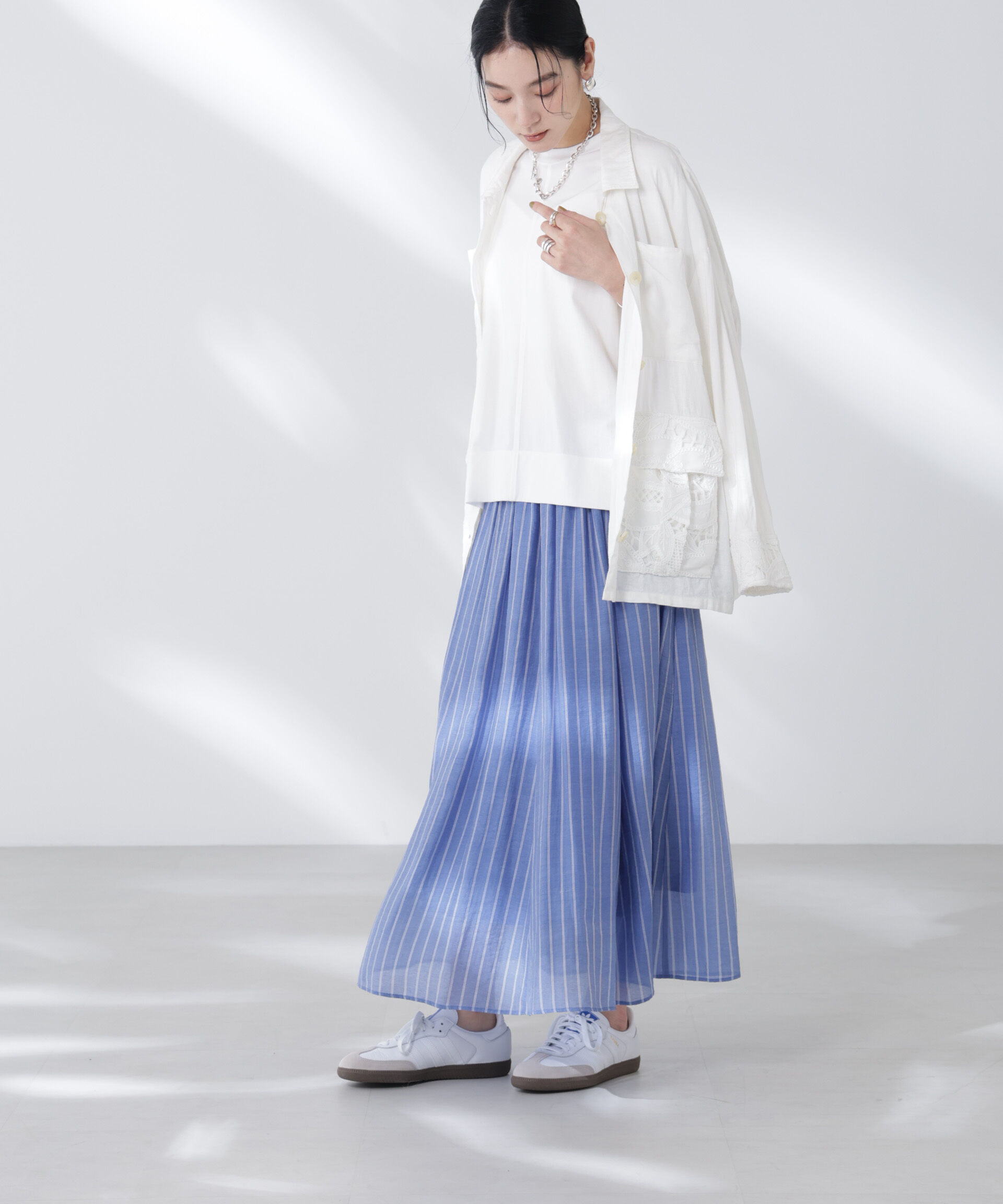 nano･universe「シアーストライプギャザーフレアスカート(セットアップ可)」|スカート|