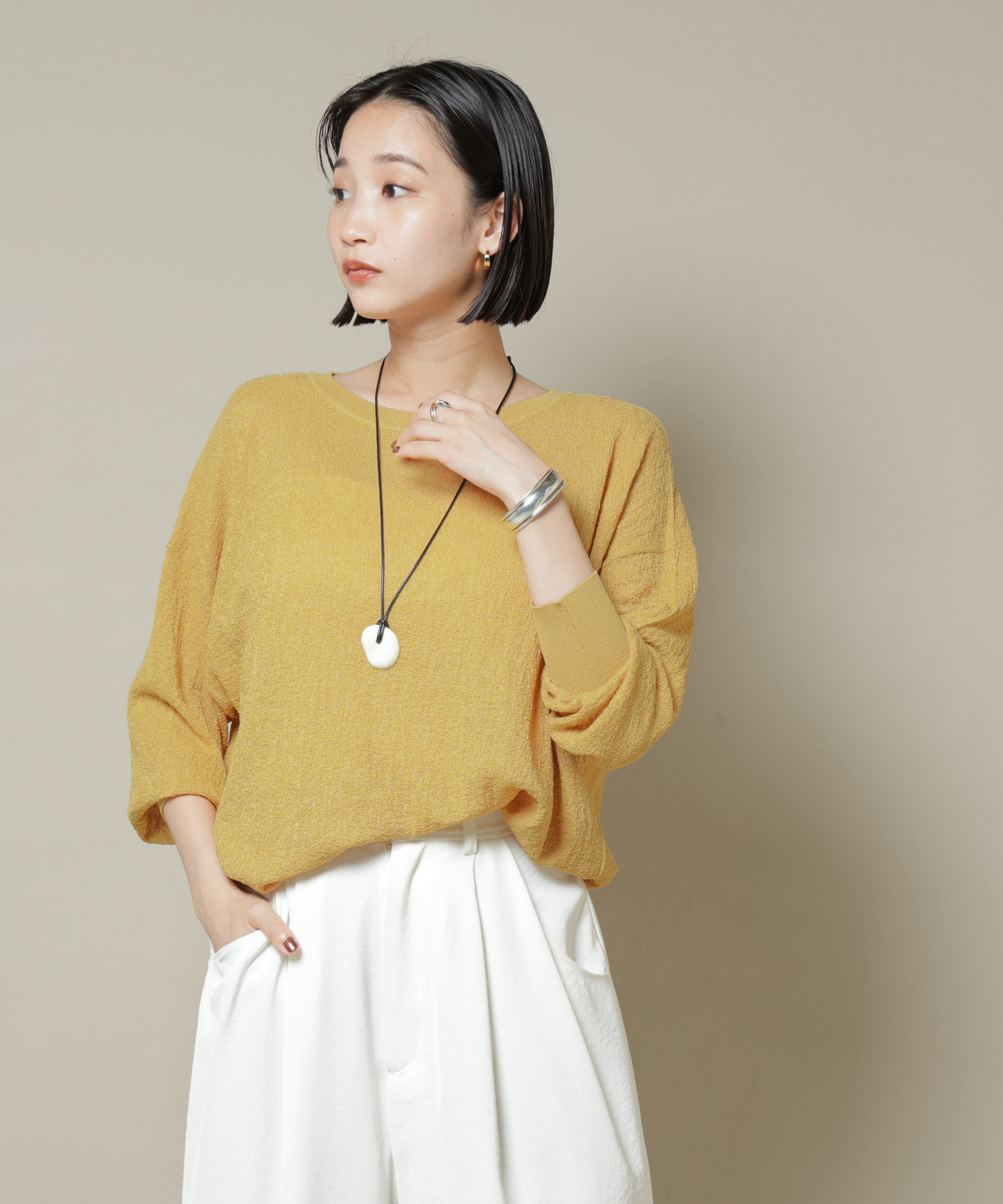 nano･universe「梨地ボートネックワイドシルエットニット」|ニット・セーター|イエロー