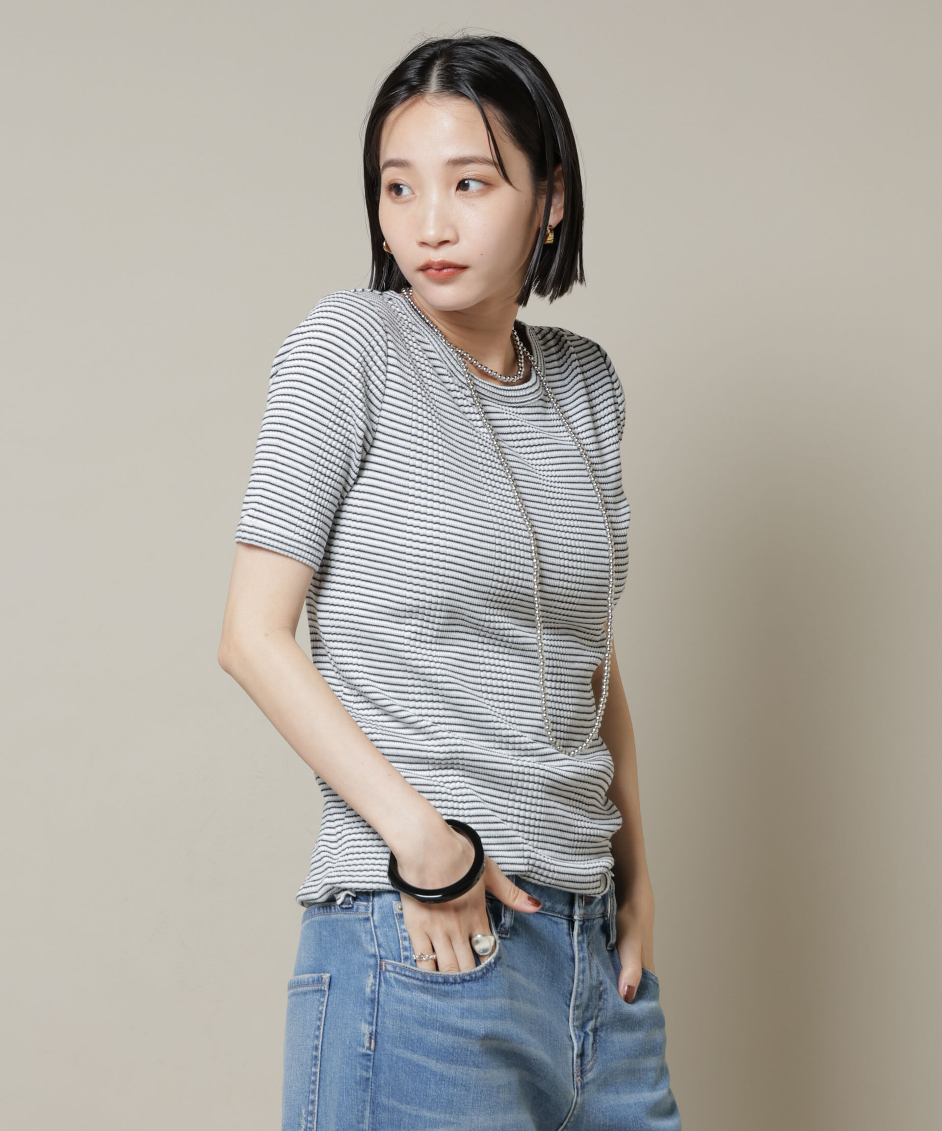 nano･universe「マルチボーダーテレコリブカットトップス」|Tシャツ・カットソー|