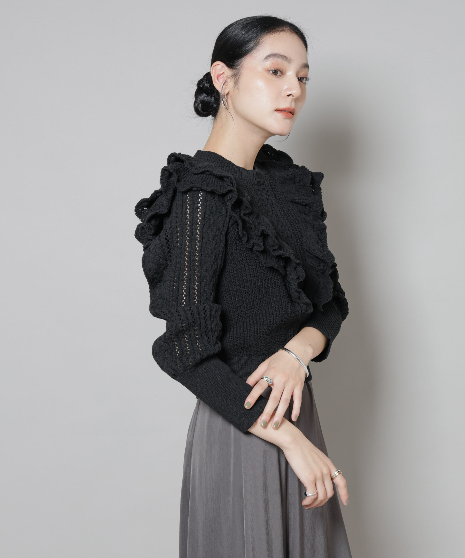 nano･universe「フリルケーブルニットプルオーバー」|ニット・セーター|