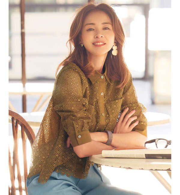 自由区「【SHIHOさん着用・洗える】ジオメトリックフラワーレースクロップド丈シャツ ブラウス」|シャツ・ブラウス|モカ