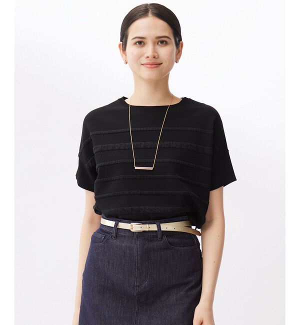 自由区「【接触冷感・UVカット・洗える】クレープストレッチボーダー ニット」|ニット・セーター|ブラック