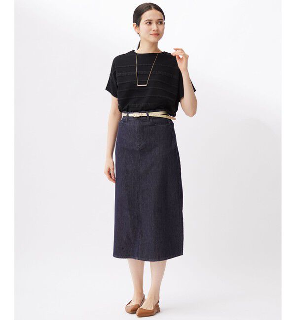 自由区「【接触冷感・UVカット・洗える】クレープストレッチボーダー ニット」|ニット・セーター|