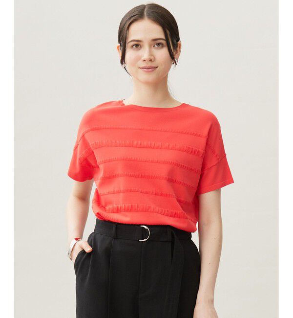 自由区「【接触冷感・UVカット・洗える】クレープストレッチボーダー ニット」|ニット・セーター|マンダリン