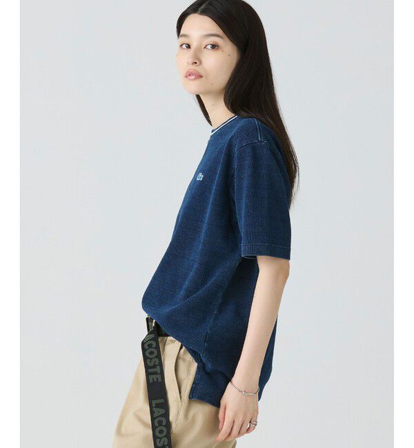 LACOSTE「配色リブニットインディゴ鹿の子 半袖Tシャツ」|Tシャツ・カットソー|