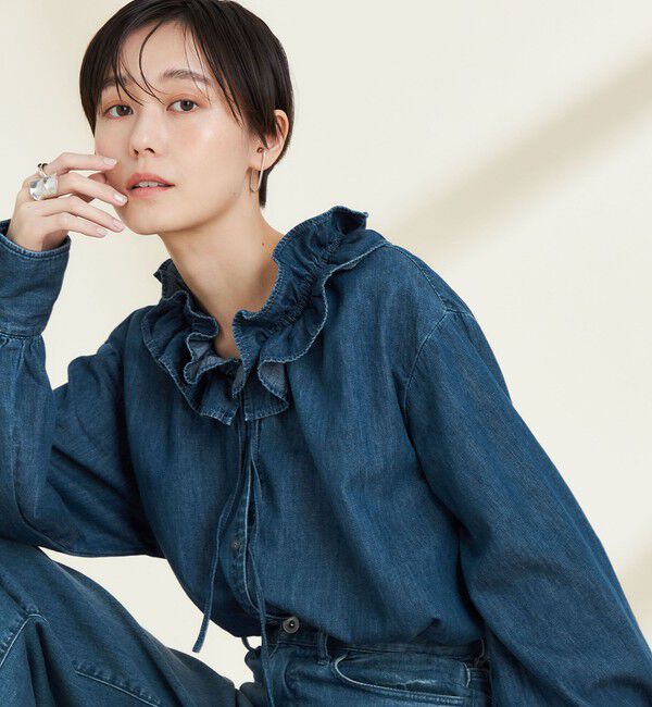 Rie Miller「【RM denim】フリルギャザーデニムブラウス」|シャツ・ブラウス|