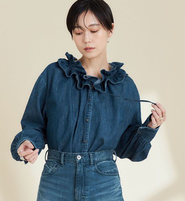Rie Miller「【RM denim】フリルギャザーデニムブラウス」|シャツ・ブラウス|