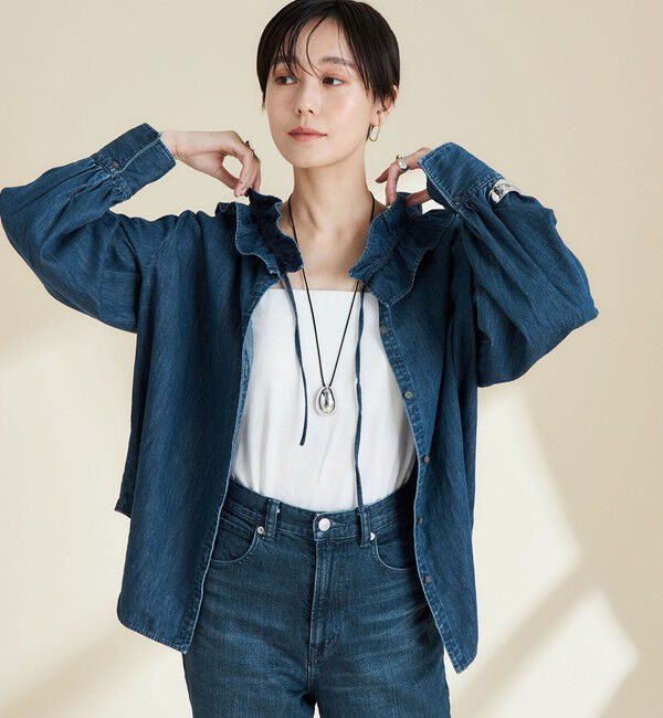 Rie Miller「【RM denim】フリルギャザーデニムブラウス」|シャツ・ブラウス|