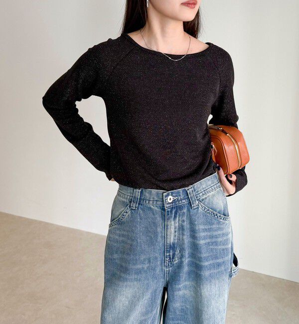 fredy emue「ラメテレコボートネックプルオーバー」|Tシャツ・カットソー|ブラック