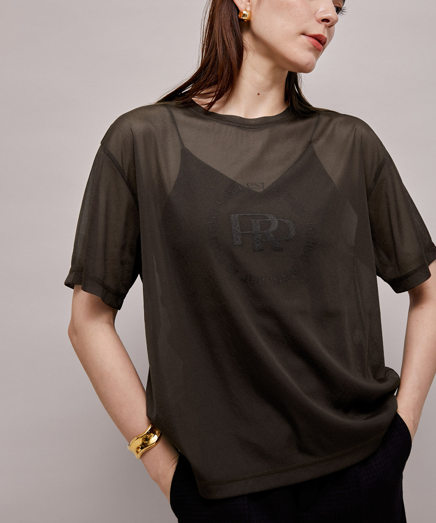 ROPE「ロゴプリントシアーTシャツ」|Tシャツ・カットソー|ダークブラウン(20)