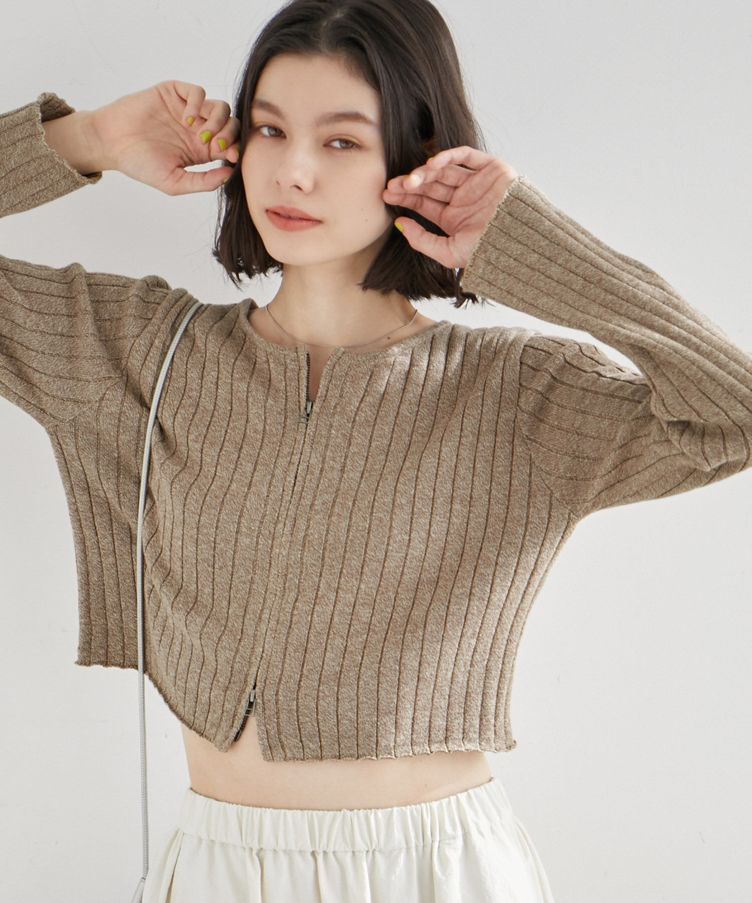 ROPE' PICNIC R「フロントジップショート丈メランジニットプルオーバー」|ニット・セーター|ブラウン(22)