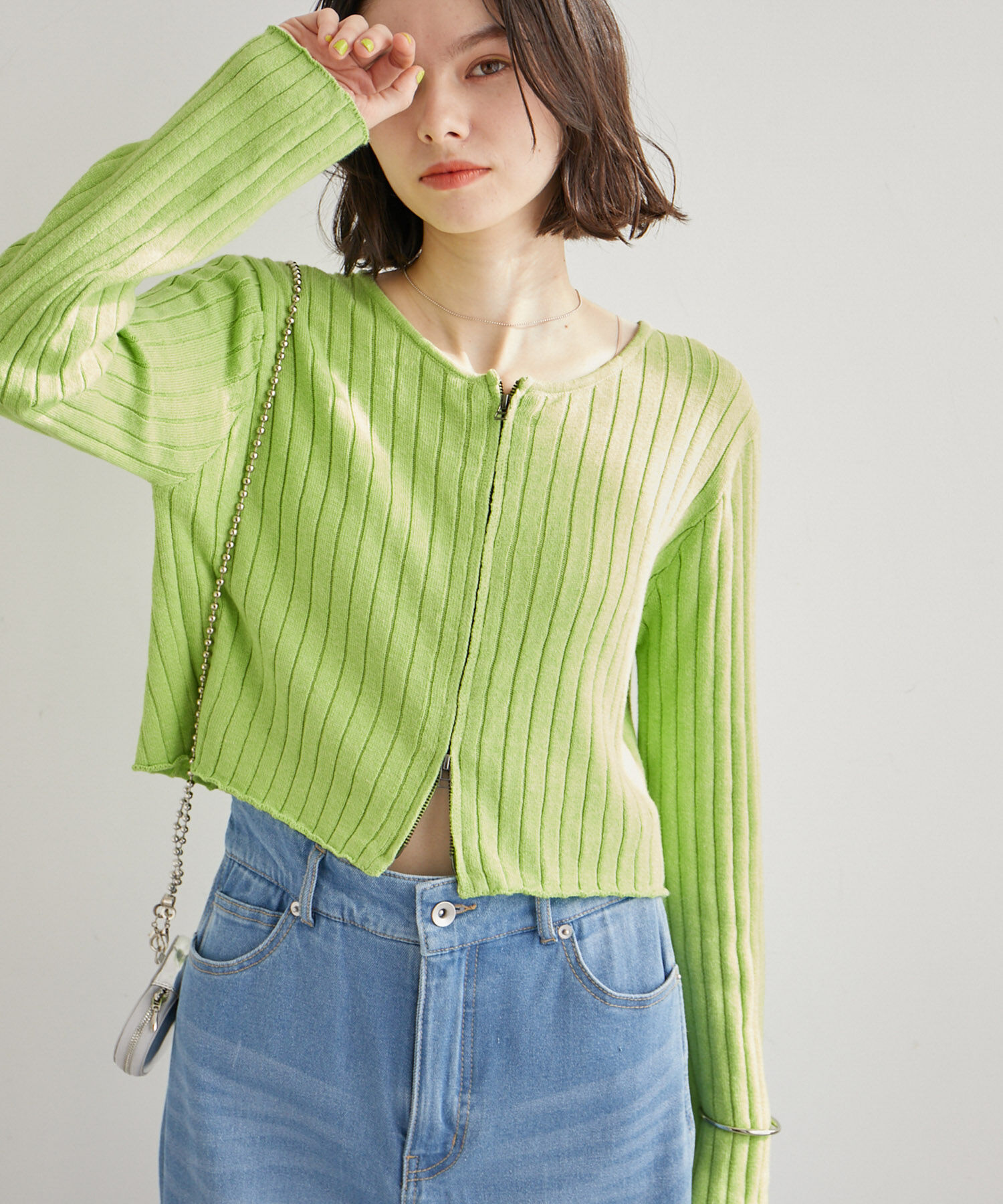 ROPE' PICNIC R「フロントジップショート丈メランジニットプルオーバー」|ニット・セーター|ライトグリーン(33)