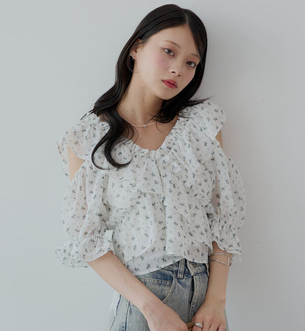  「【5色展開】シアーフラワーショルダースリットフリルブラウス」|シャツ・ブラウス|