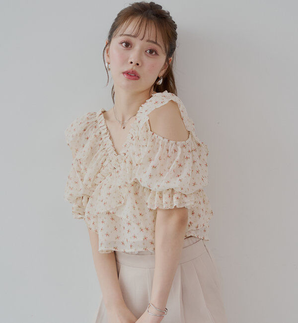  「【5色展開】シアーフラワーショルダースリットフリルブラウス」|シャツ・ブラウス|