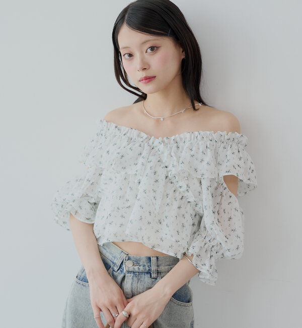  「【5色展開】シアーフラワーショルダースリットフリルブラウス」|シャツ・ブラウス|