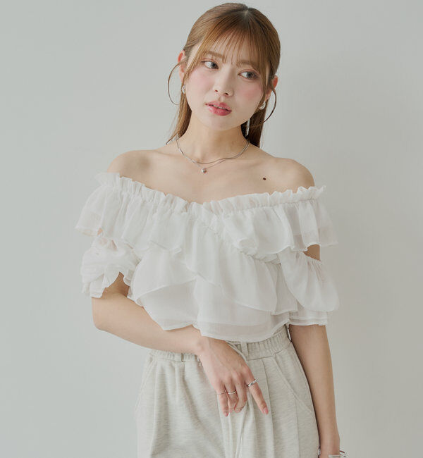  「【5色展開】シアーフラワーショルダースリットフリルブラウス」|シャツ・ブラウス|