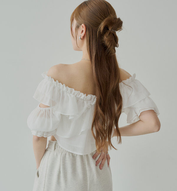  「【5色展開】シアーフラワーショルダースリットフリルブラウス」|シャツ・ブラウス|