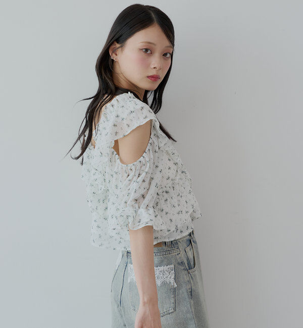  「【5色展開】シアーフラワーショルダースリットフリルブラウス」|シャツ・ブラウス|