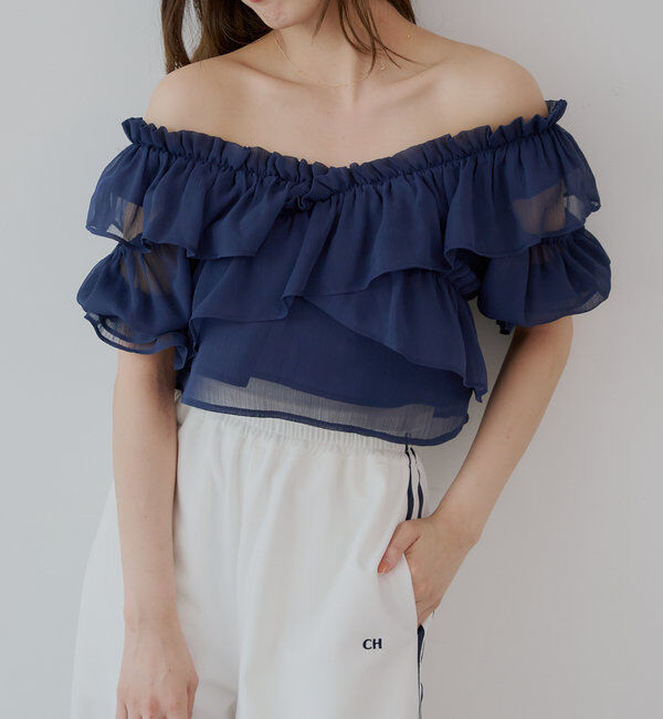  「【5色展開】シアーフラワーショルダースリットフリルブラウス」|シャツ・ブラウス|ネイビー