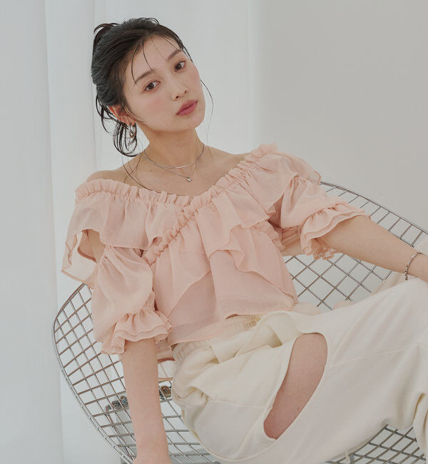  「【5色展開】シアーフラワーショルダースリットフリルブラウス」|シャツ・ブラウス|ピンク