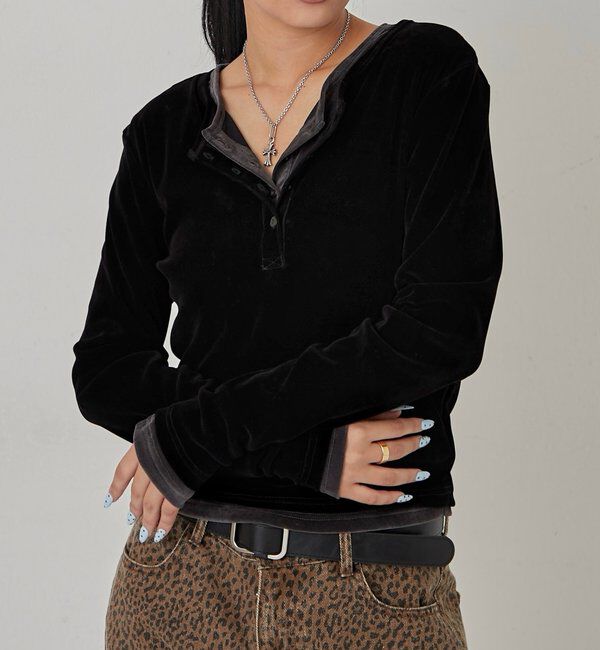  「フロッキーメッシュ ヘンリートップス」|Tシャツ・カットソー|ブラック