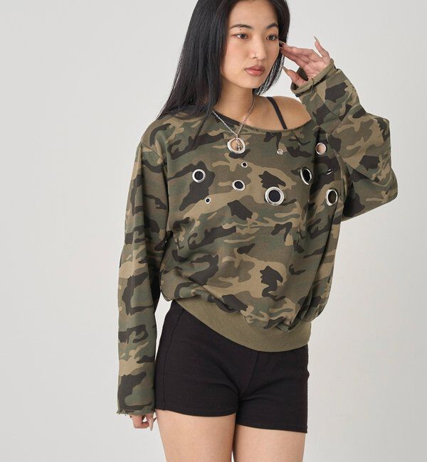  「FRONT EYELET OFF-SHOULDER SWEATSHIRT」|Tシャツ・カットソー|