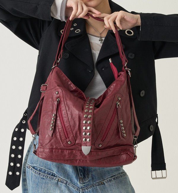  「2-WAY DOT STUDS RING BAG」|ショルダー・メッセンジャー|レッド