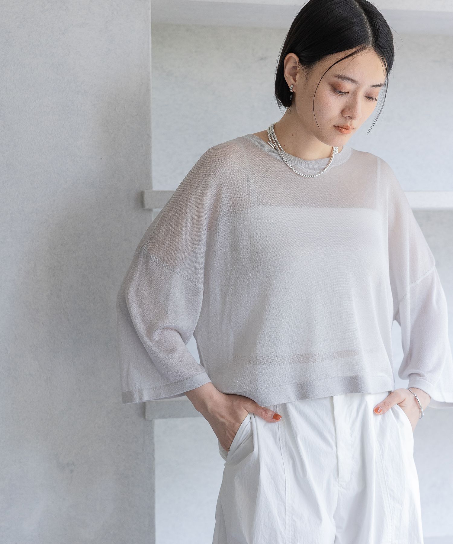 A part by 「ラメシアーニット_5分袖」|ニット・セーター|ライトグレー