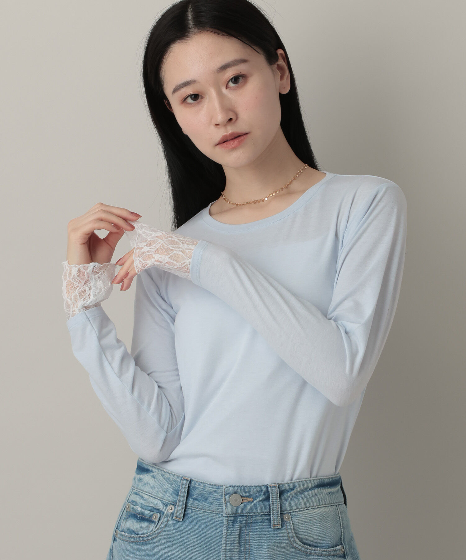 A part by 「レースレイヤードスリーブ_長袖」|Tシャツ・カットソー|ライトブルー