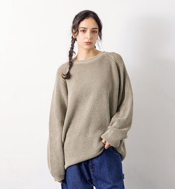 ABAHOUSE「【Revo.レボ】パウダーブリーチ加工ワッフルコットンニットクルー/ユニセックス」|ニット・セーター|グレージュ