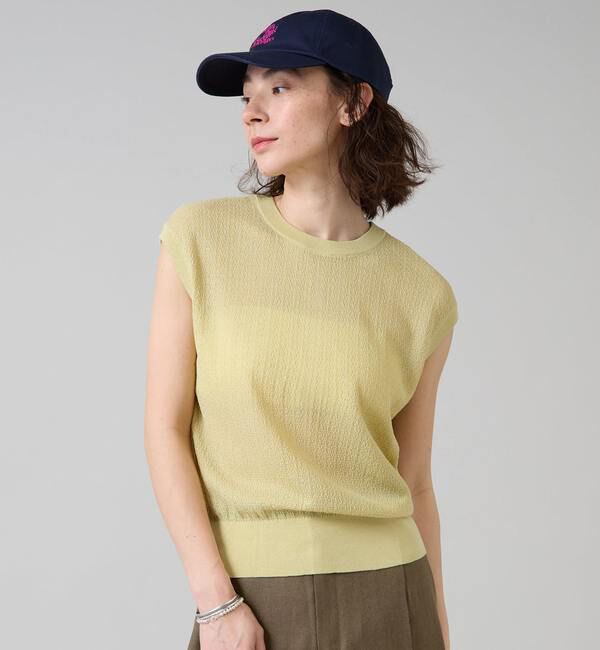 Liesse「シアーノースリーブニットトップス」|ニット・セーター|イエロー