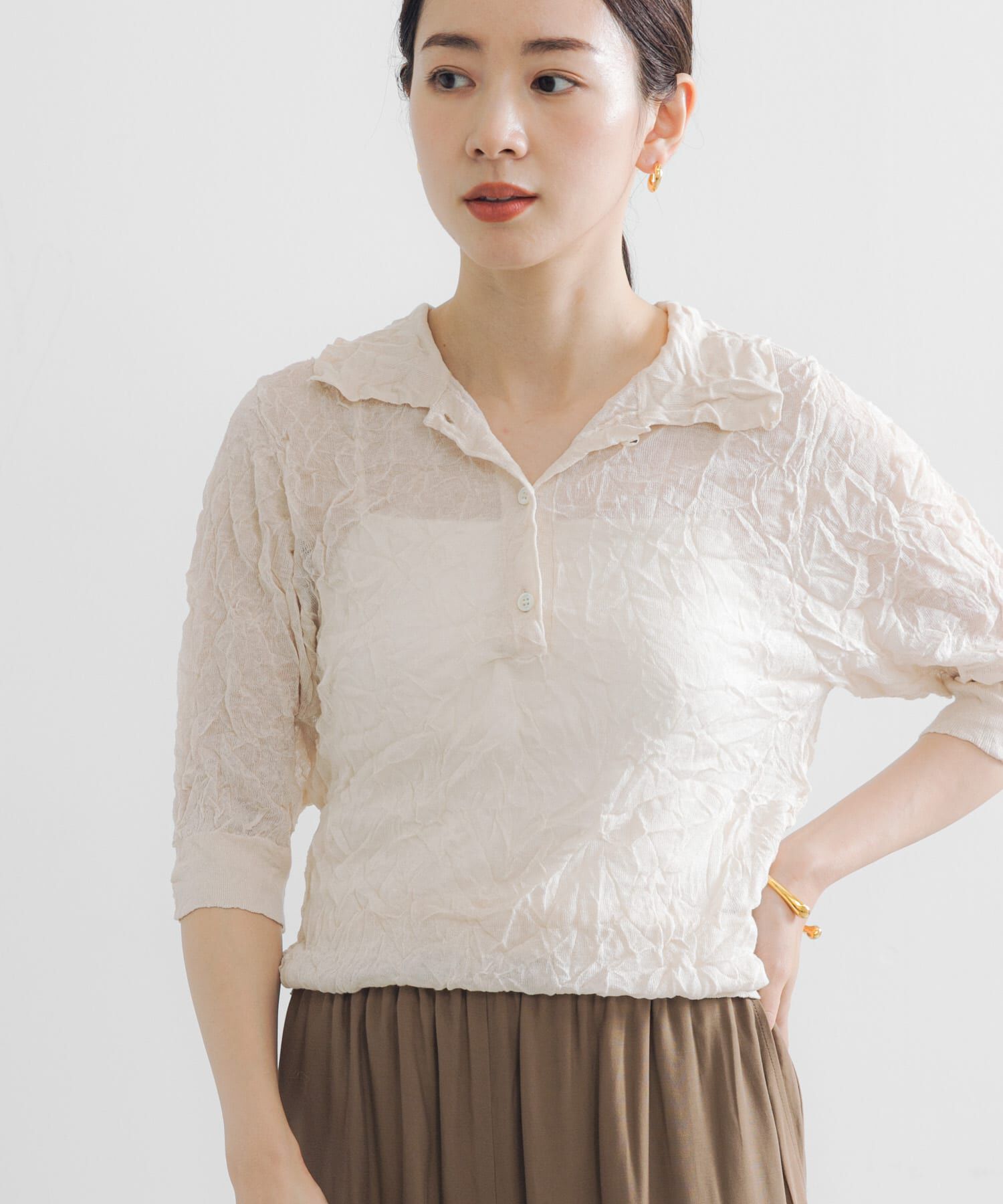 URBAN RESEARCH「new basic　リネン混ワッシャーシャツカラーニット」|ニット・セーター|ベージュ系その他