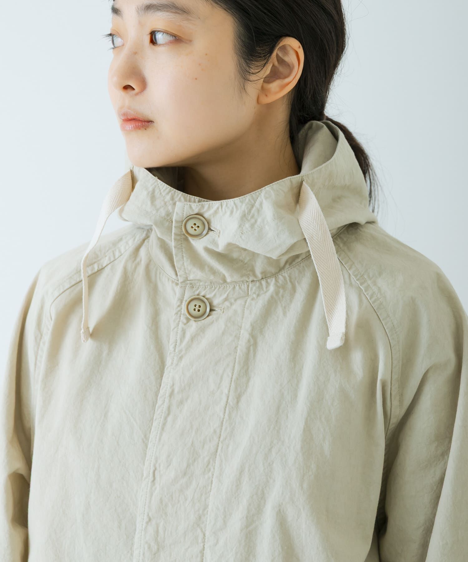 かぐれ「コットンフードラグランコート」|ノーカラーコート|