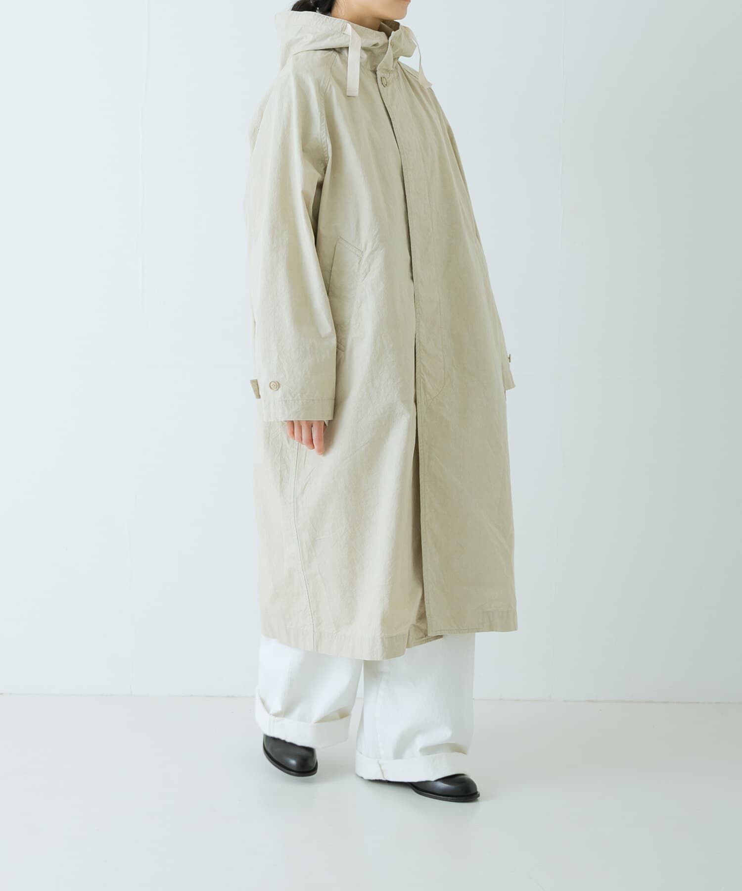 かぐれ「コットンフードラグランコート」|ノーカラーコート|