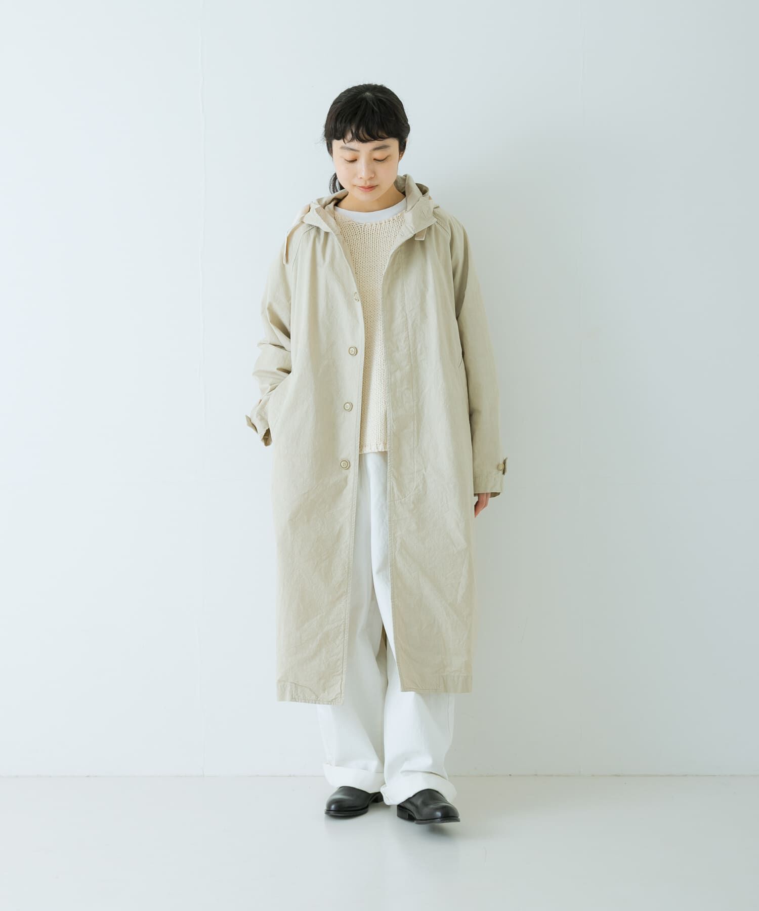 かぐれ「コットンフードラグランコート」|ノーカラーコート|
