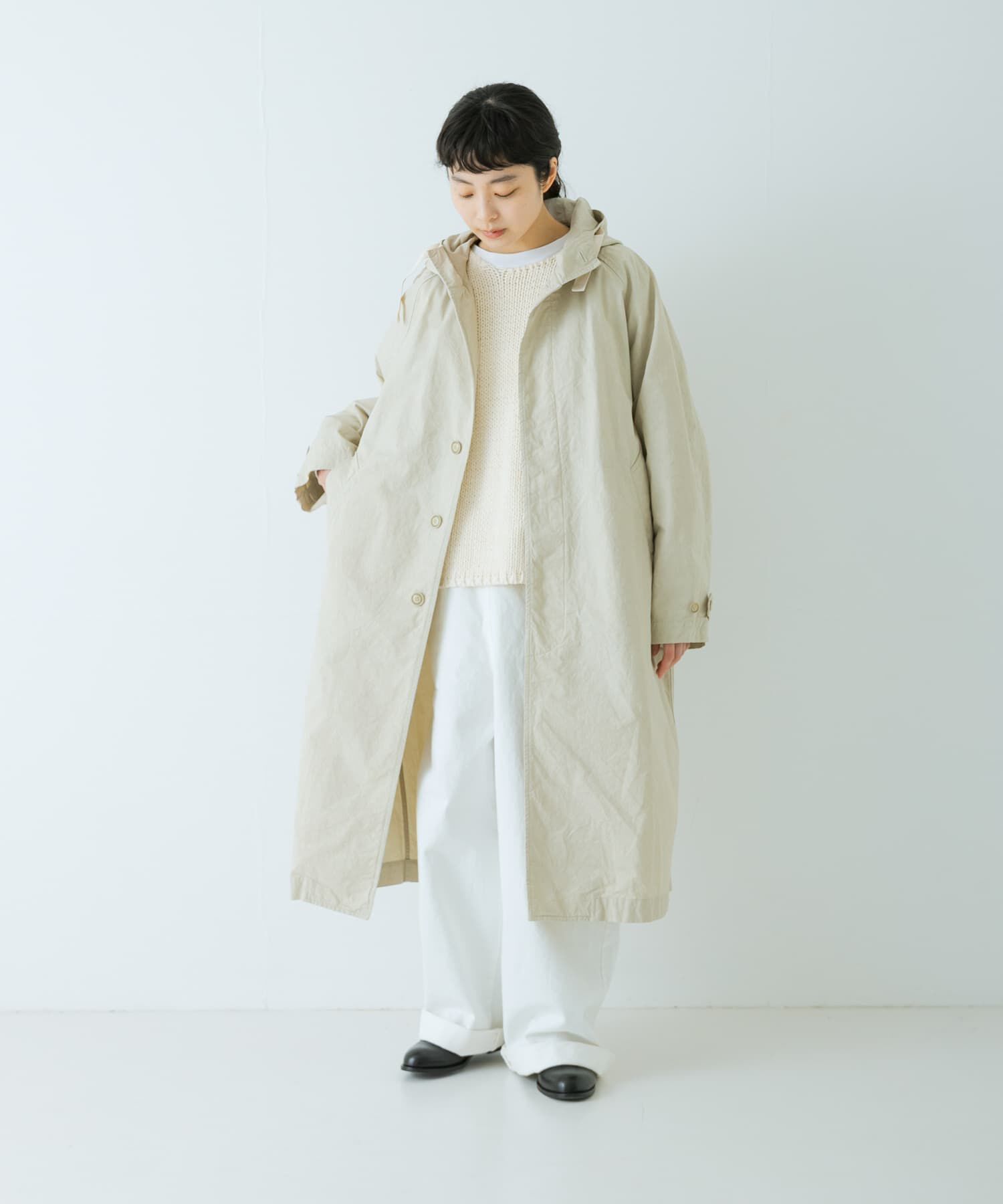 かぐれ「コットンフードラグランコート」|ノーカラーコート|