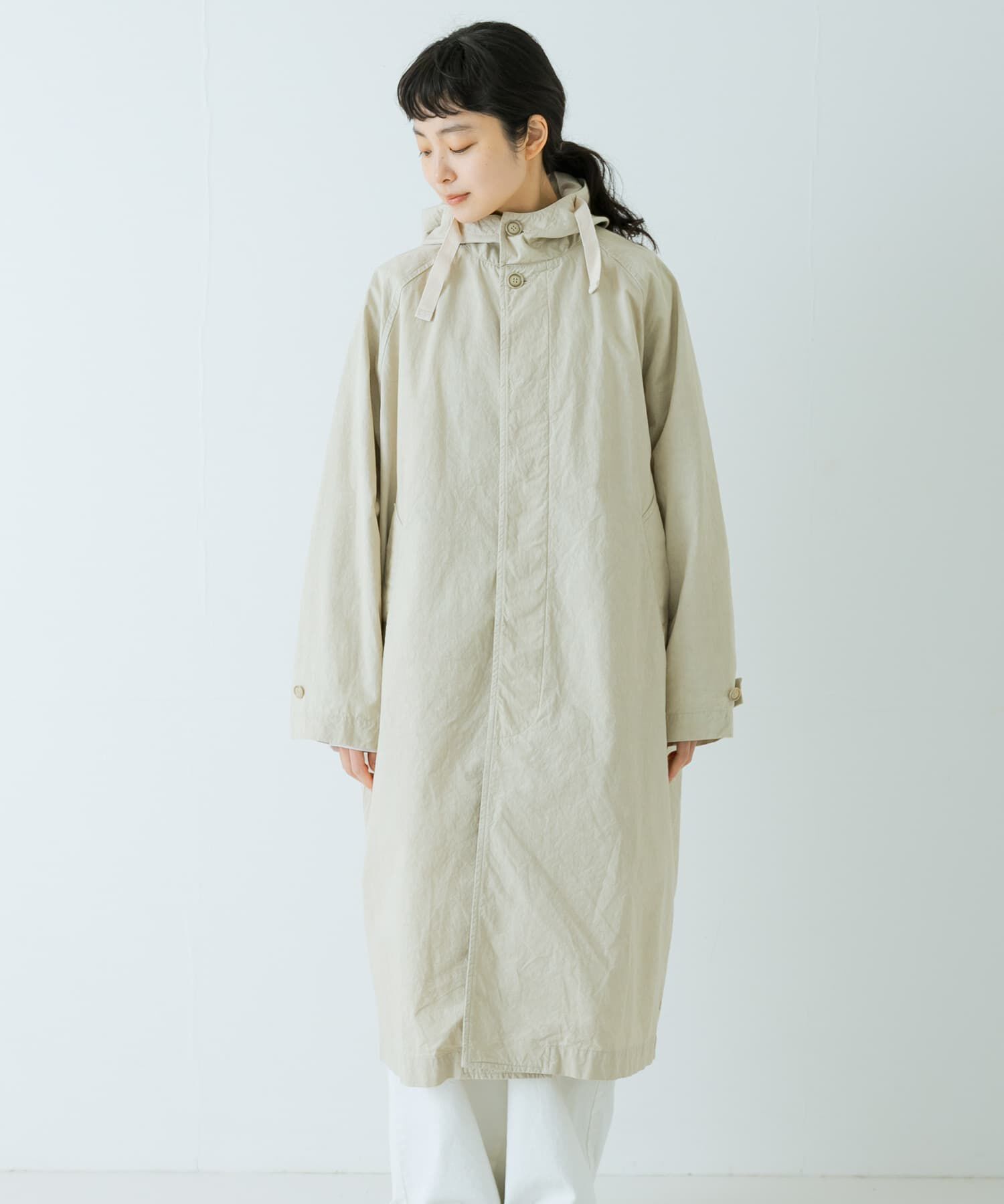 かぐれ「コットンフードラグランコート」|ノーカラーコート|