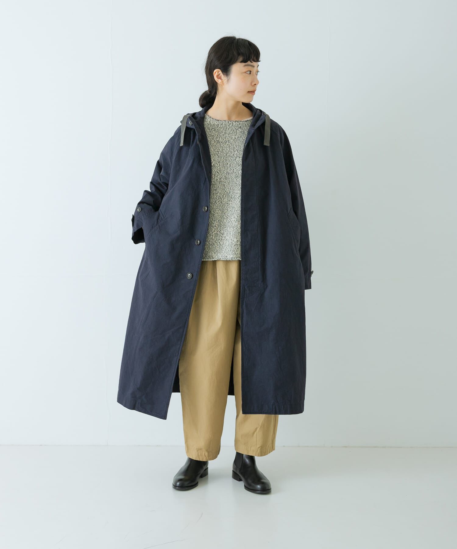 かぐれ「コットンフードラグランコート」|ノーカラーコート|ネイビー