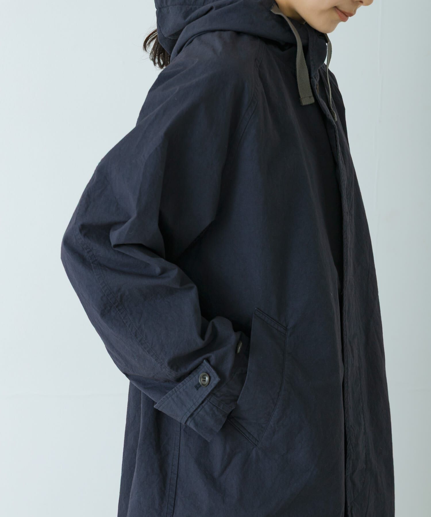 かぐれ「コットンフードラグランコート」|ノーカラーコート|