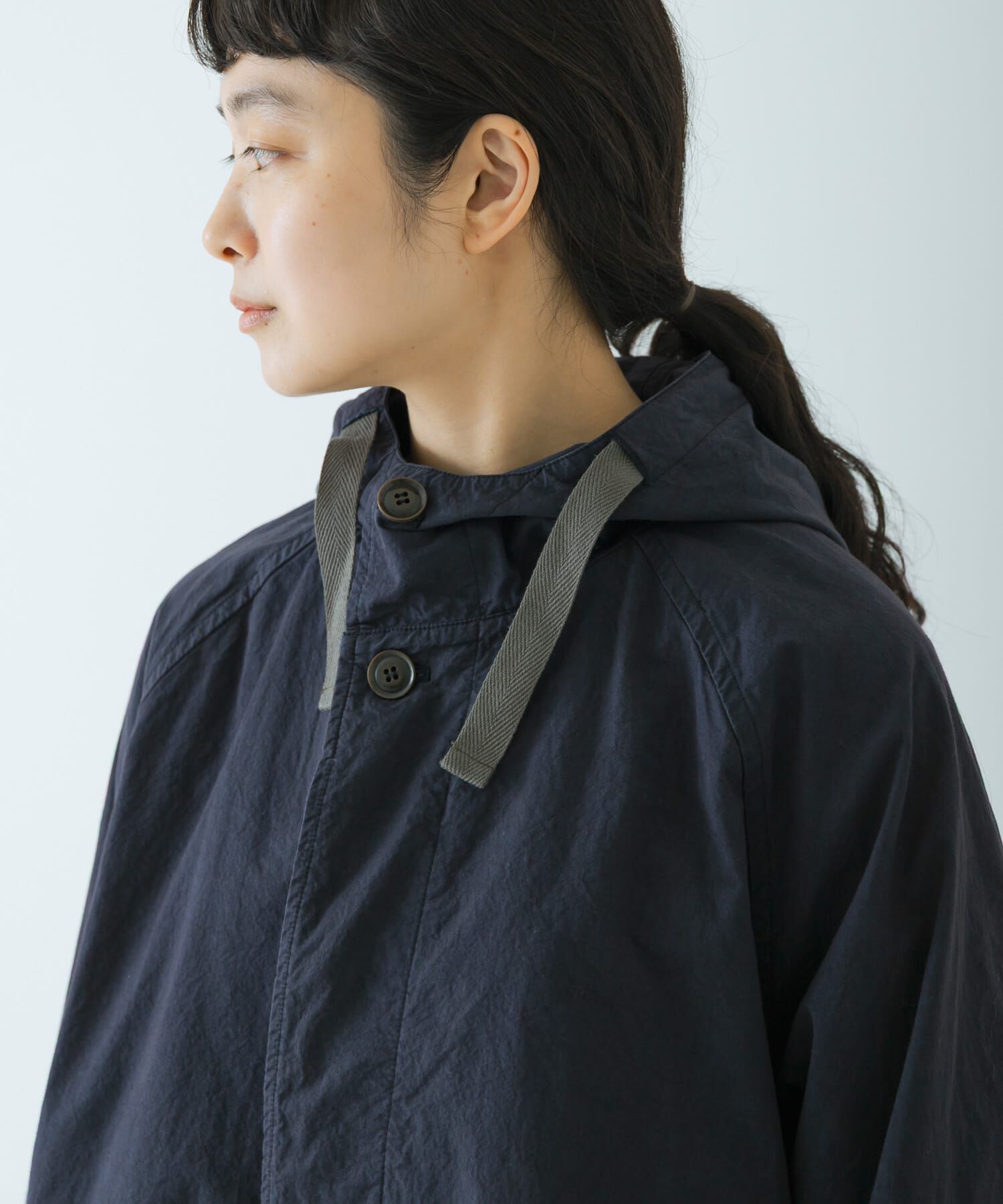 かぐれ「コットンフードラグランコート」|ノーカラーコート|