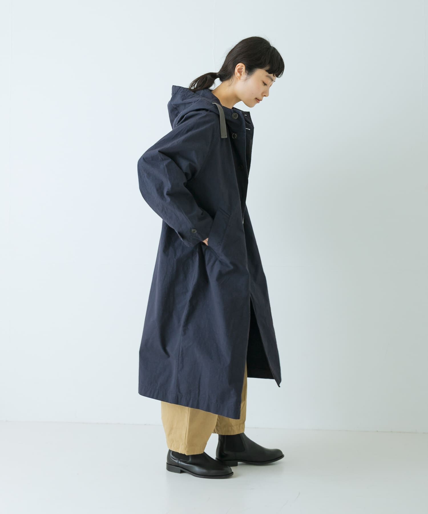 かぐれ「コットンフードラグランコート」|ノーカラーコート|