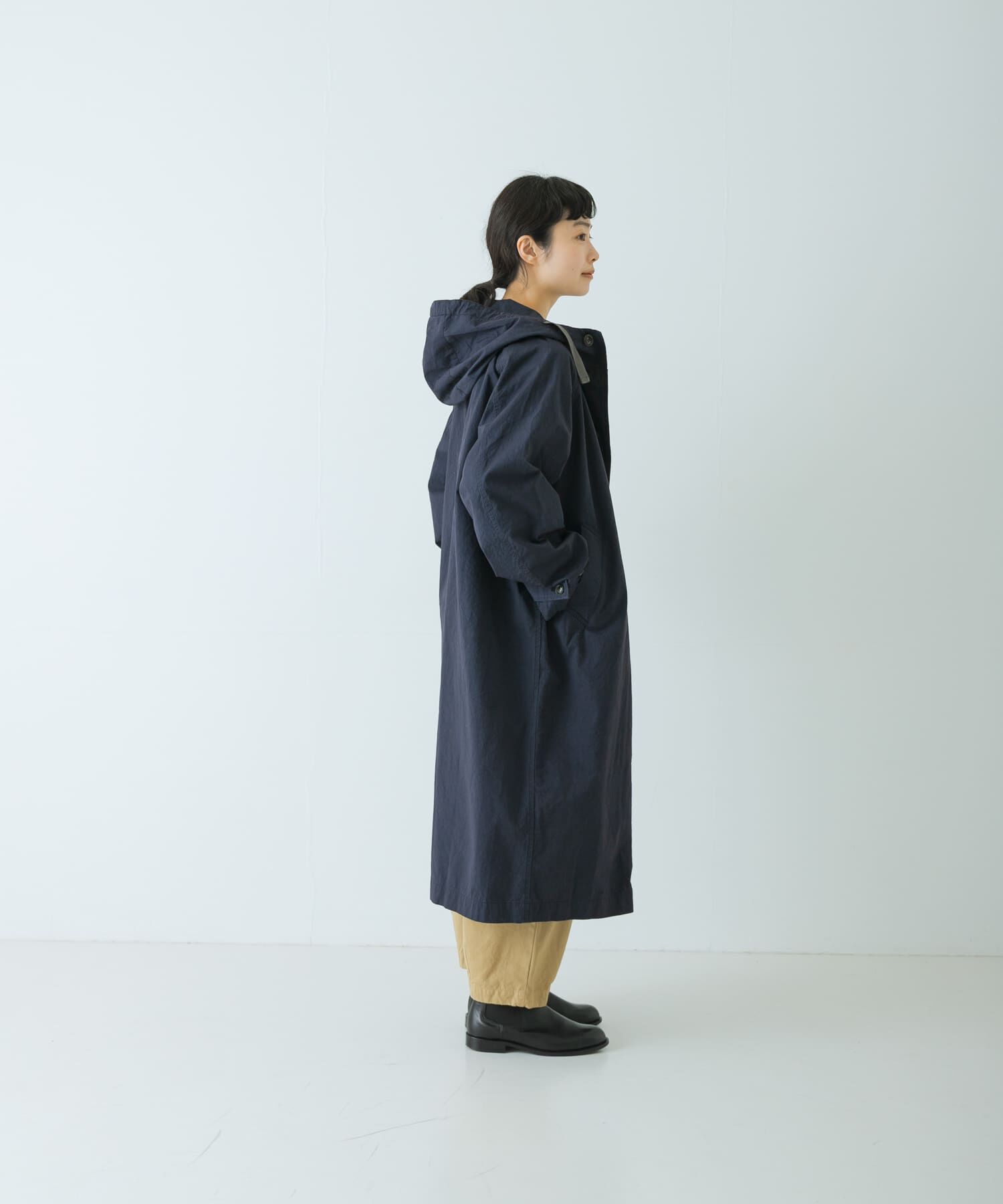 かぐれ「コットンフードラグランコート」|ノーカラーコート|