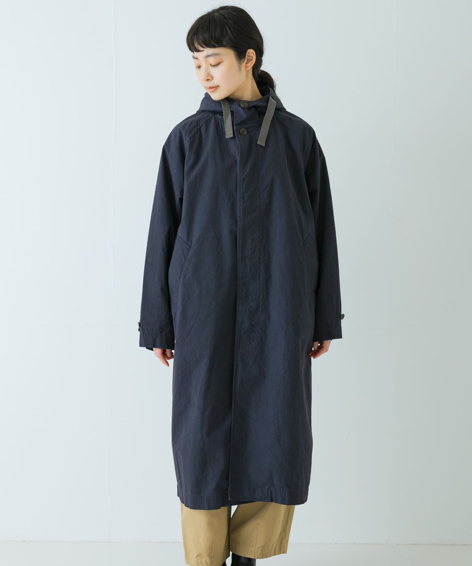 かぐれ「コットンフードラグランコート」|ノーカラーコート|
