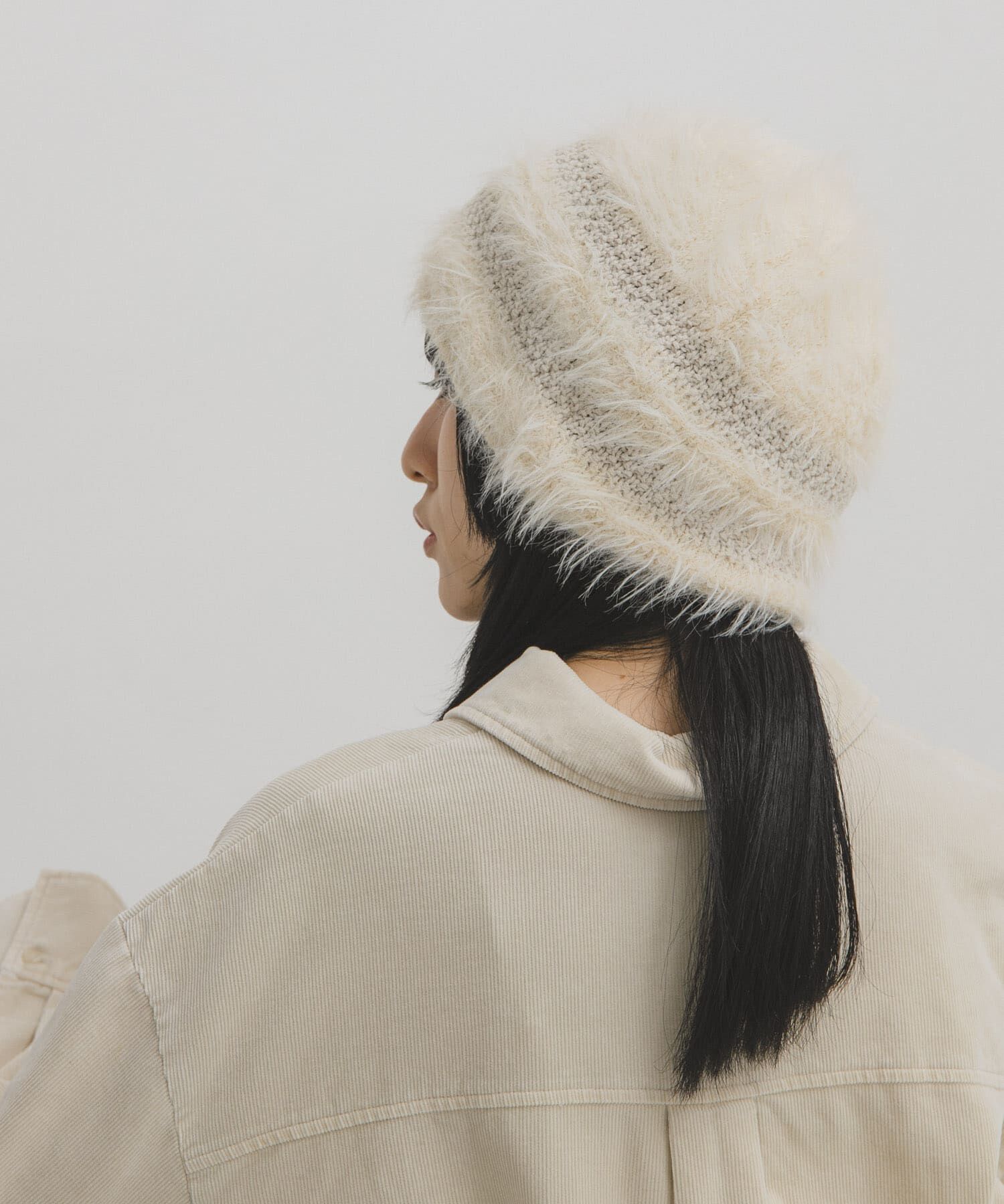  「ラインデザインシャギーニットビーニー」|ニット帽|アイボリー