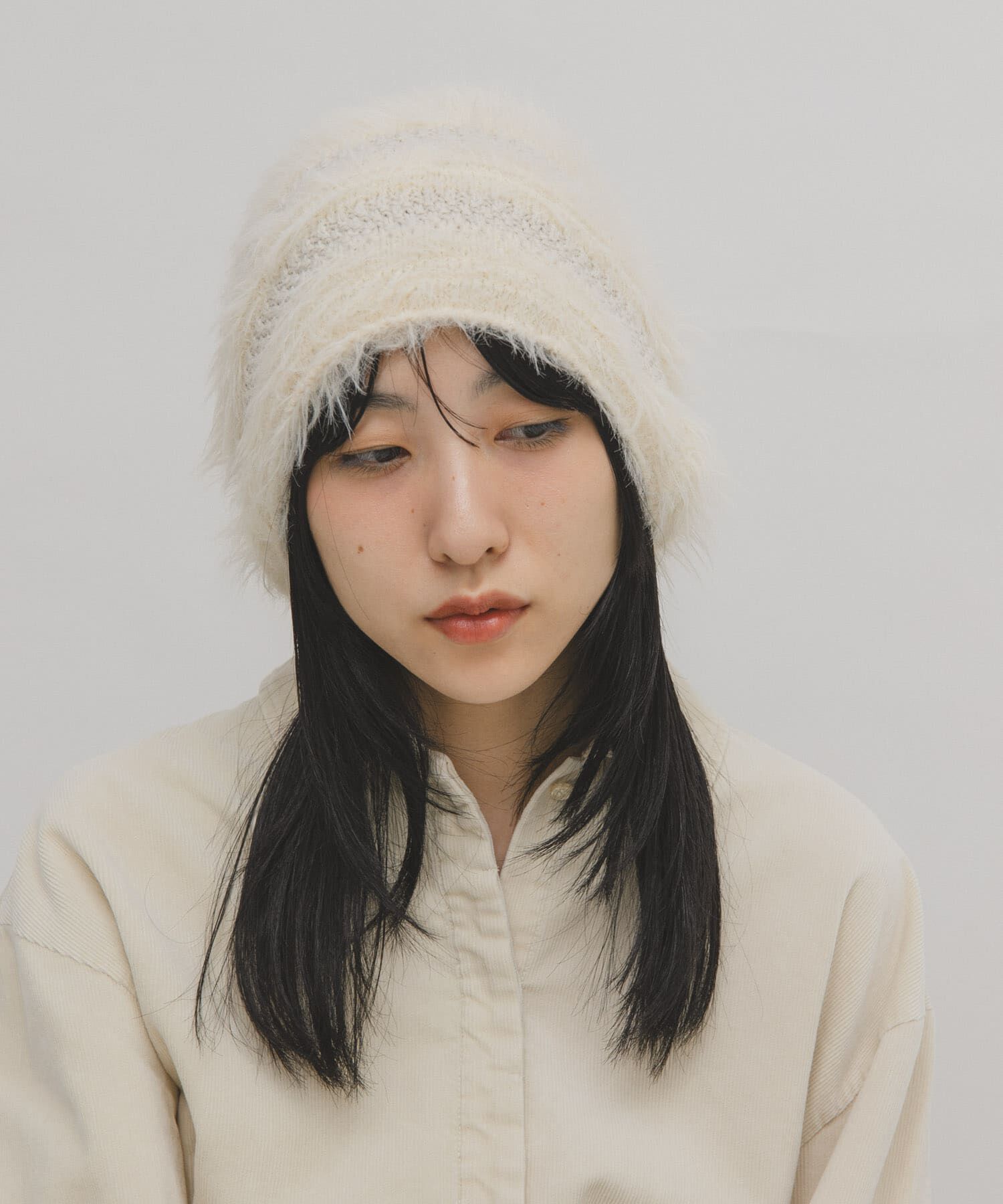  「ラインデザインシャギーニットビーニー」|ニット帽|