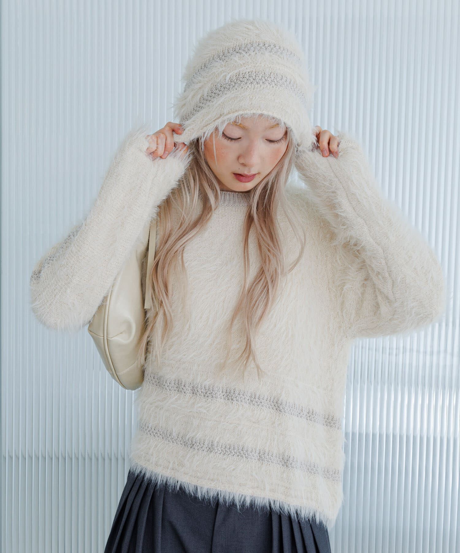  「ラインデザインシャギーニットビーニー」|ニット帽|